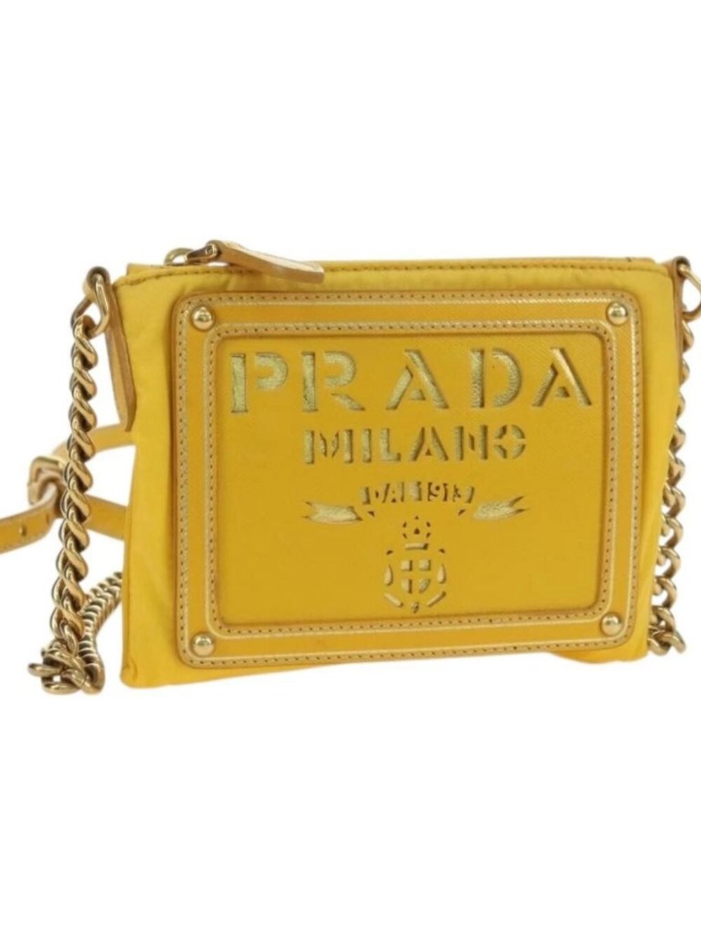 PRADA Chain Shoulder Bag Nylon Leather Yellow Gold Auth 143507